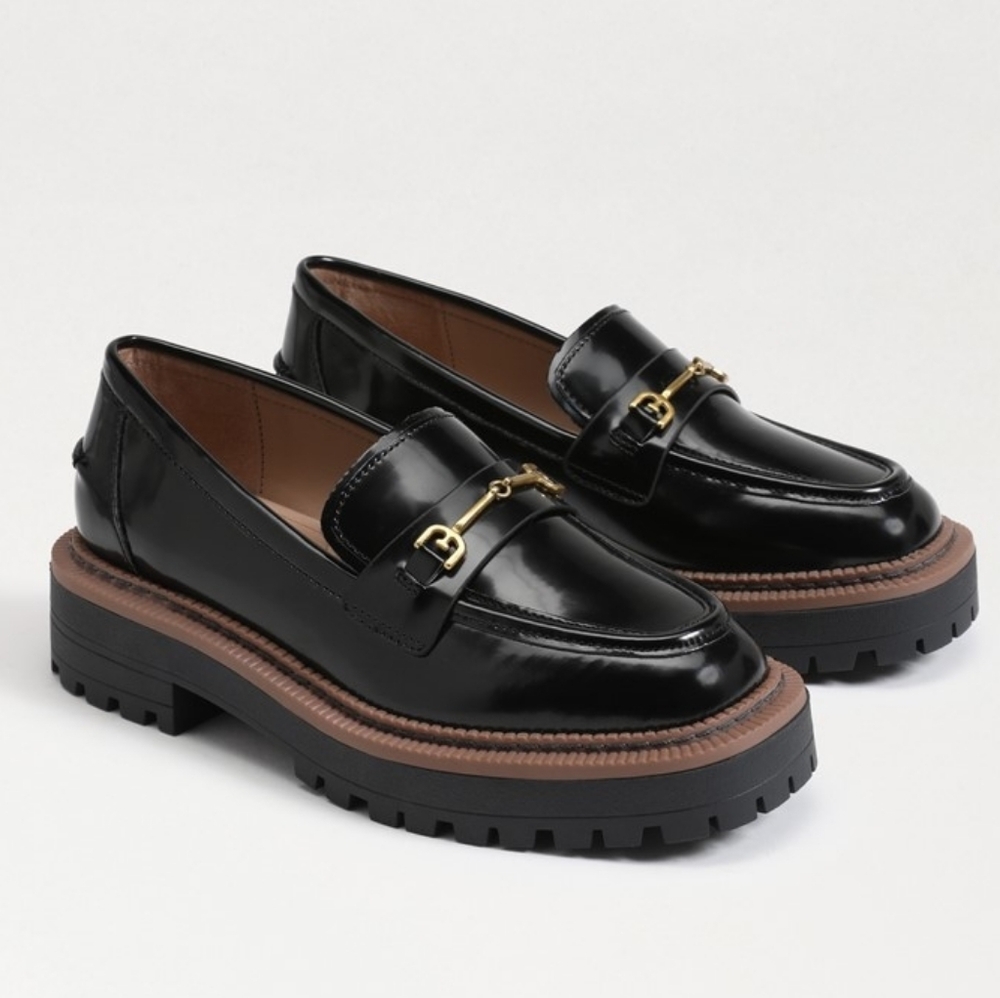 Sam Edelman Black Patent Leather Loafers with Gold Accents